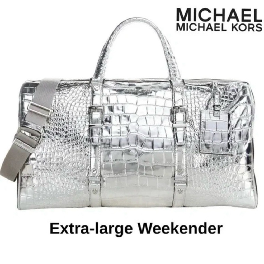 Michael Kors Silver Croc-Embossed Extra-Large Weekender Duffel